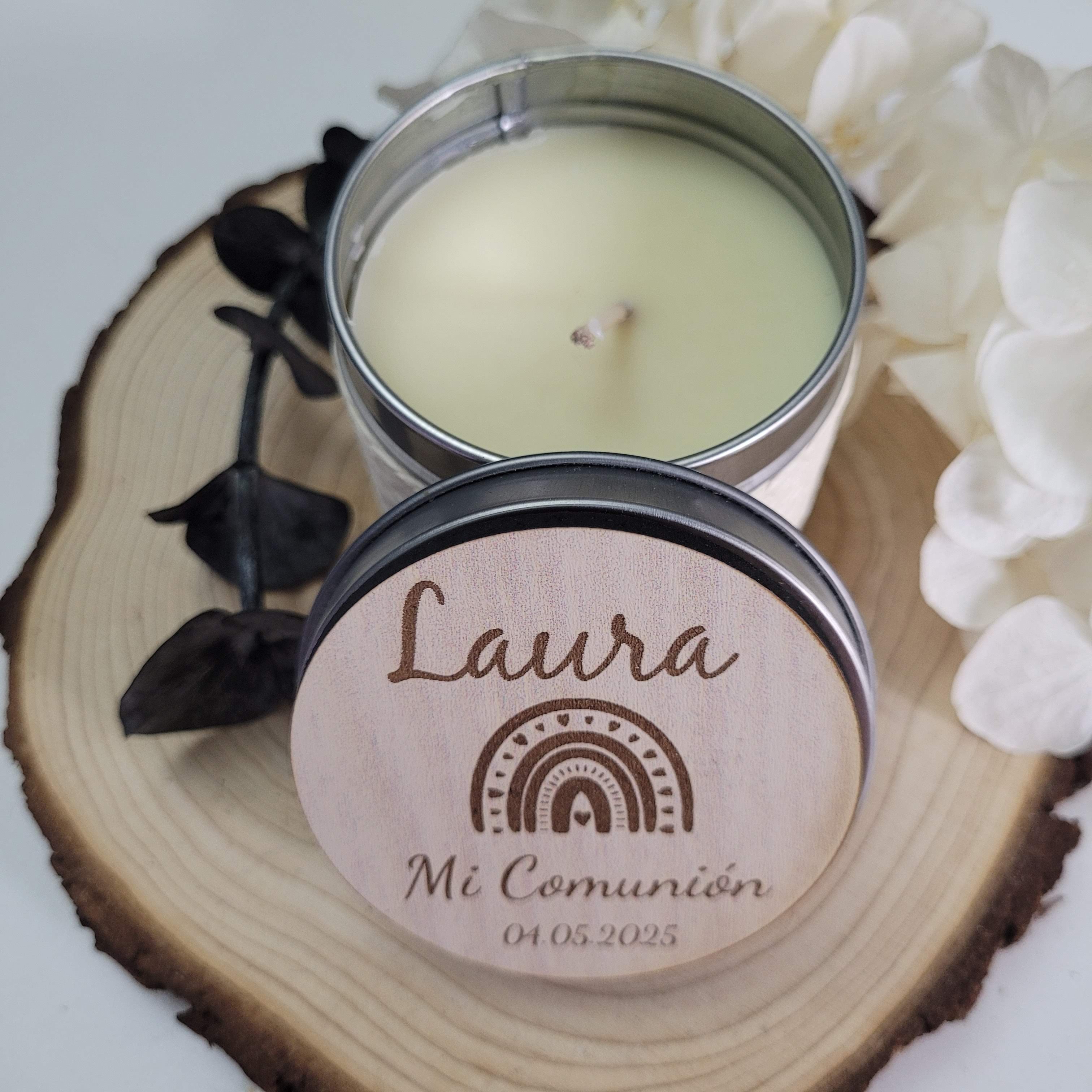 Vela personalizable con tapa madera con imán para comuniones