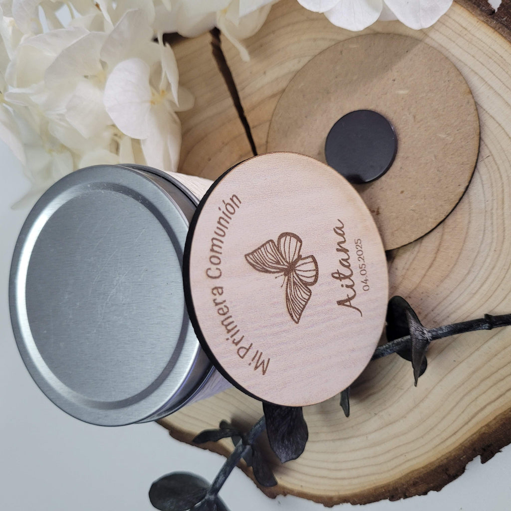Vela personalizable con tapa madera con imán para comuniones