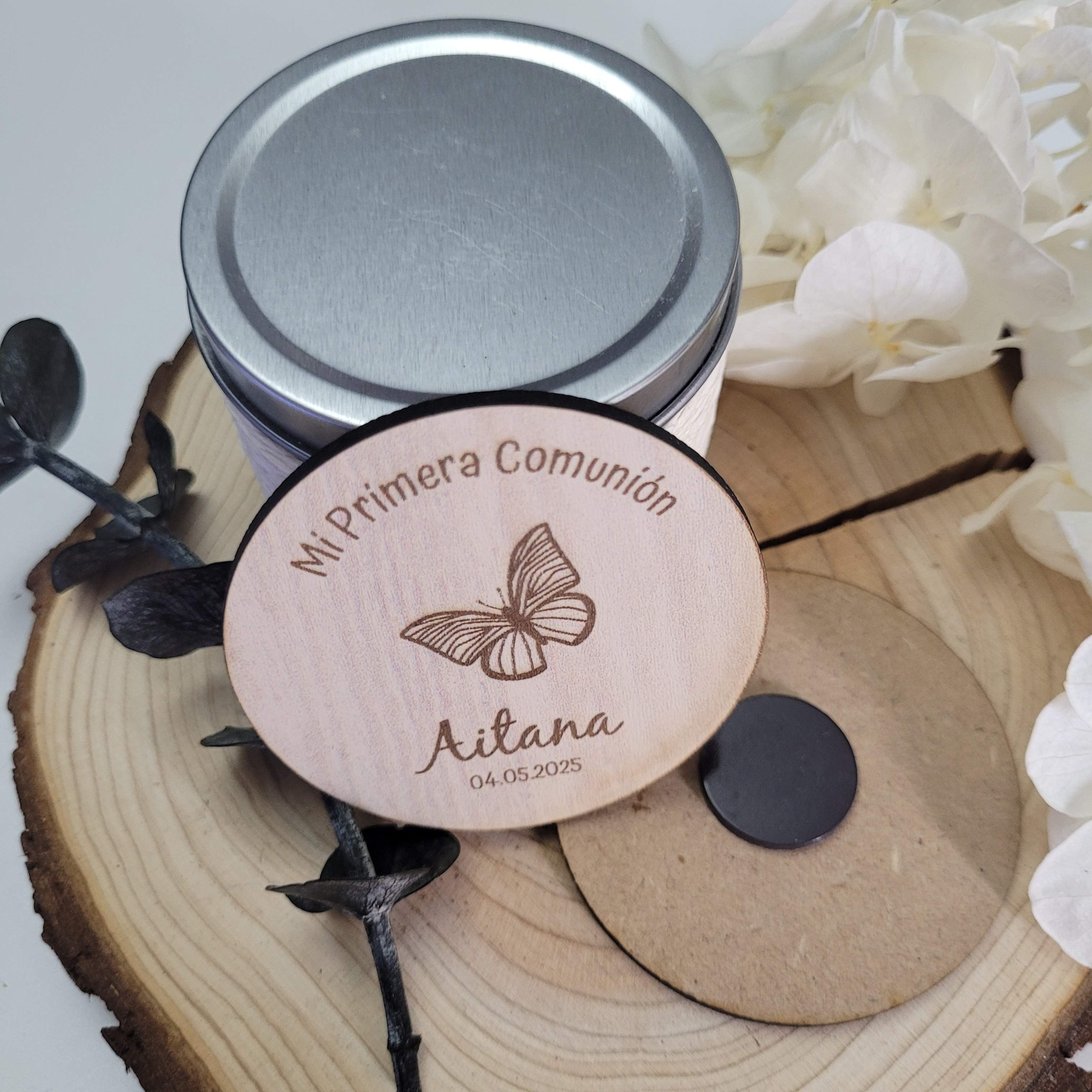 Vela personalizable con tapa madera con imán para comuniones
