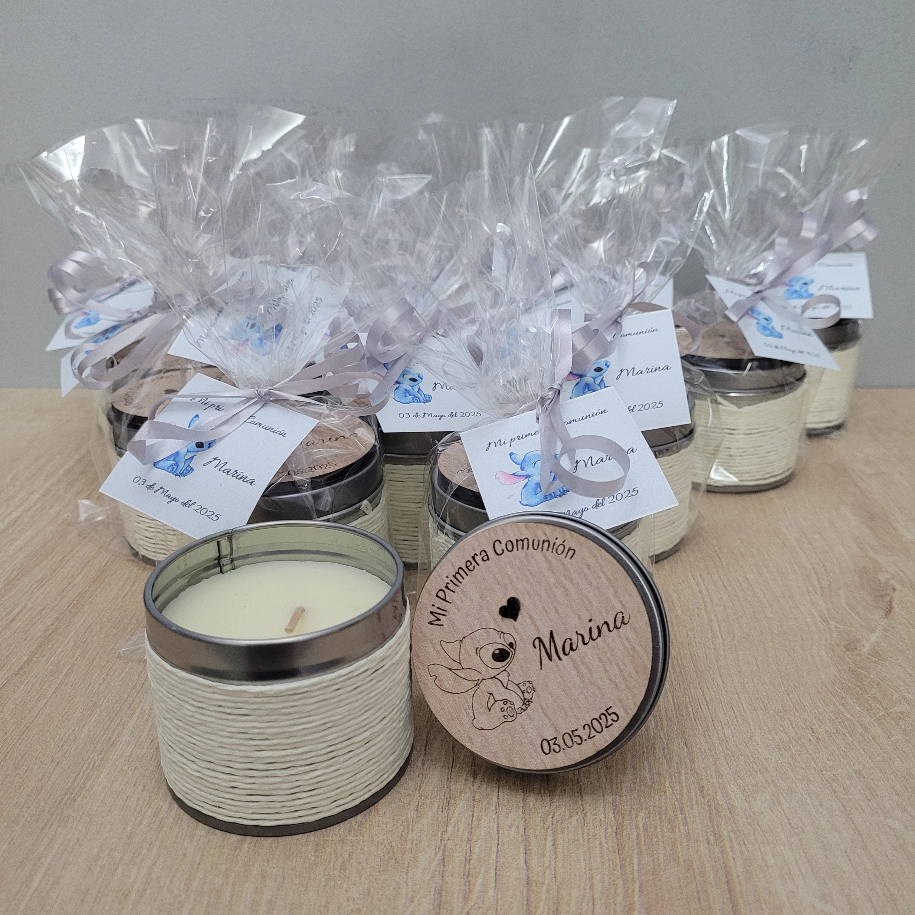 Vela personalizable con tapa madera con imán para comuniones