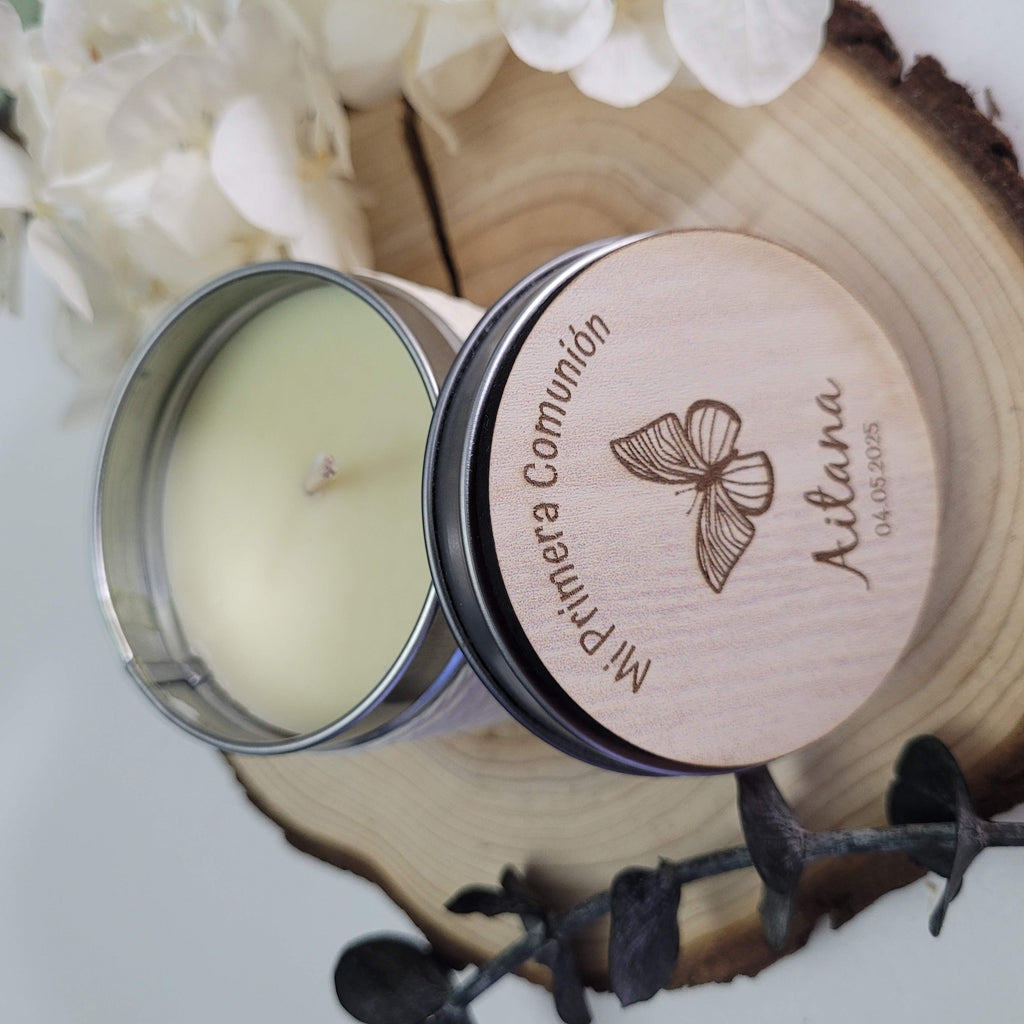 Vela personalizable con tapa madera con imán para comuniones