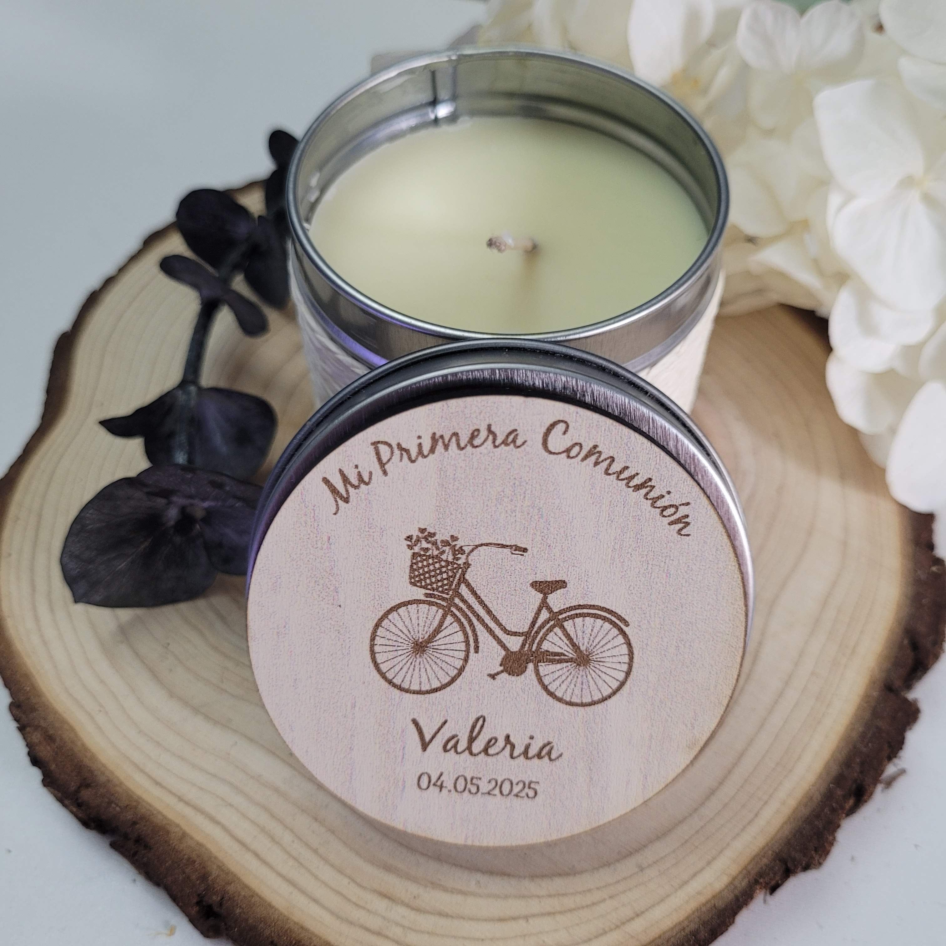 Vela personalizable con tapa madera con imán para comuniones