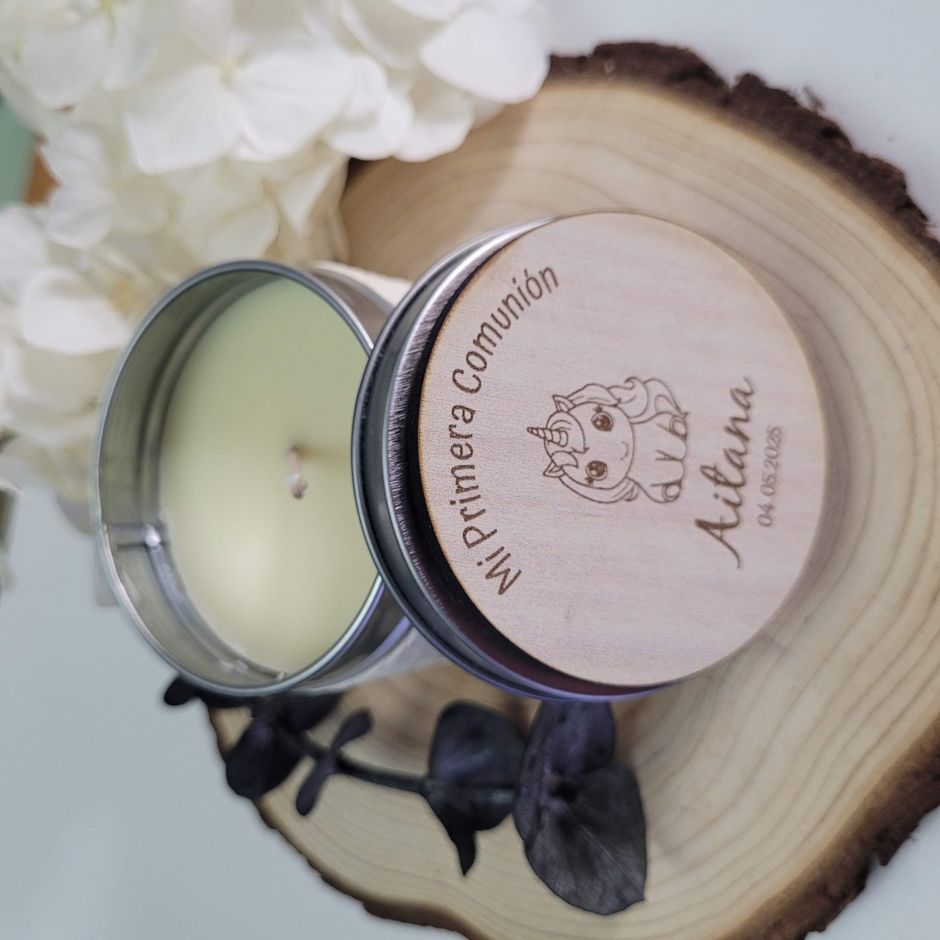 Vela personalizable con tapa madera con imán para comuniones